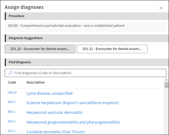 Assign diagnoses window showing sample procedure and diagnoses to search and select.